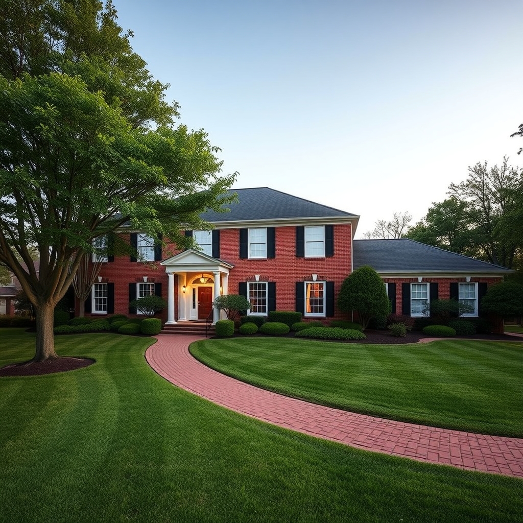 A two-story red brick colonial with black shutters, a white columned portico and a curved brick walk across the lawn, at dusk.