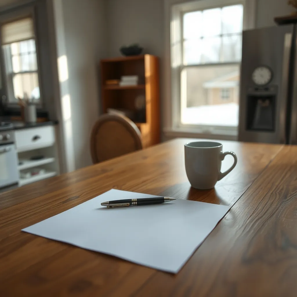A blank sheet of paper and a pen on a wooden kitchen table beside a coffee mug, in soft window light.